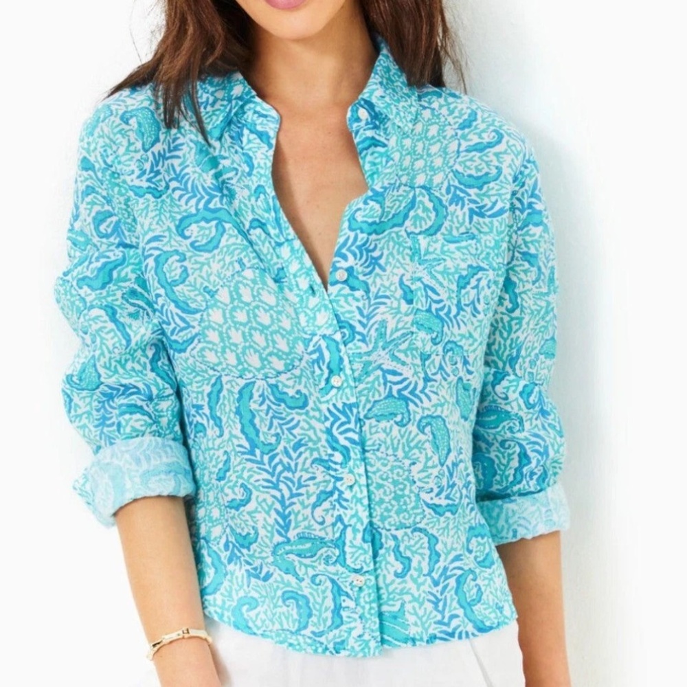 Lilly Pulitzer Coralynn Button Down Linen Shirt, Goombay Grooves Size Small NWOT